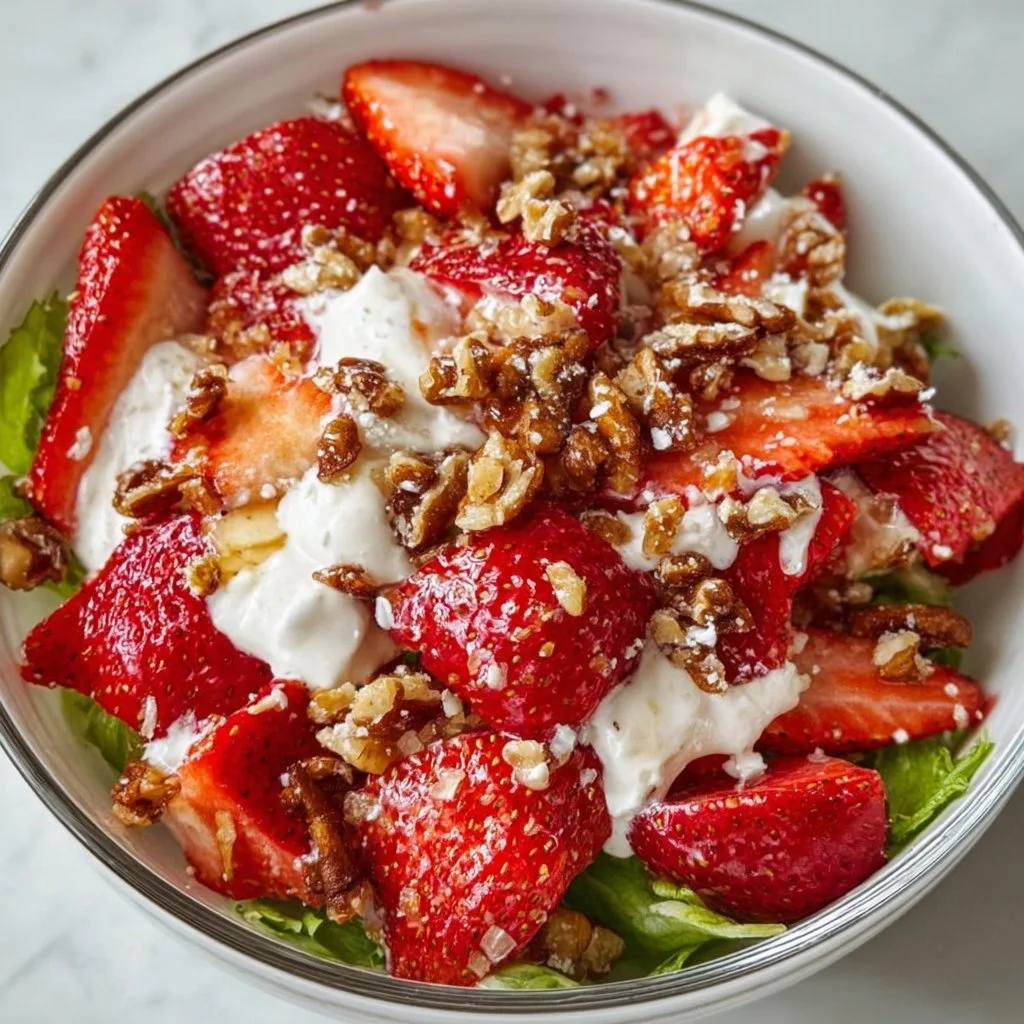 Fresh and vibrant strawberry crackle salad with crunchy toppings