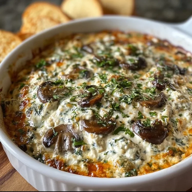 Delicious stuffed mushroom dip served in a bowl with herbs.