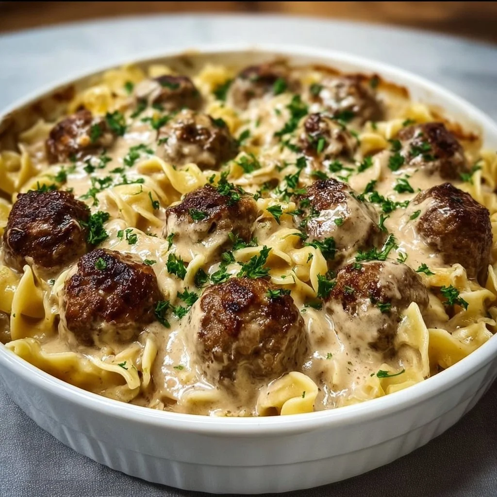 Delicious Swedish Meatball Noodle Bake served in a casserole dish