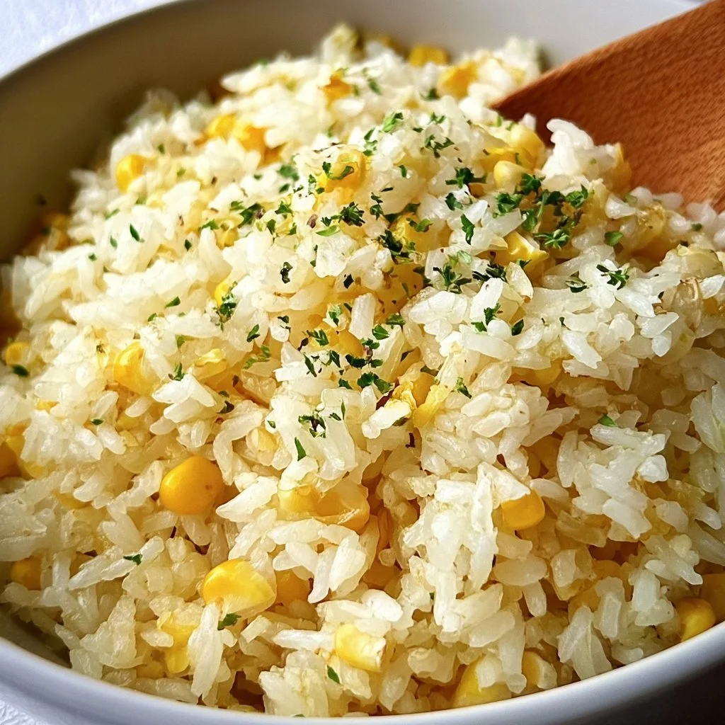 Plate of Sweet Corn and Buttery Garlic Rice garnished with herbs