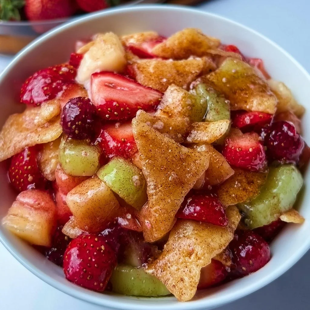 Delicious sweet fruit salad served with cinnamon sugar tortilla chips