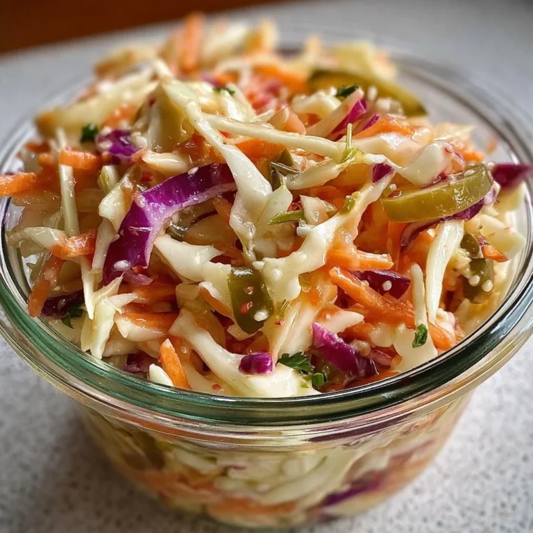 Bowl of sweet and spicy pickle slaw garnished with fresh herbs