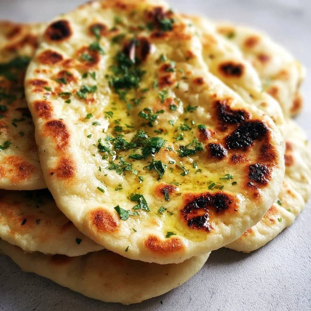 Homemade garlic naan bread with herbs ready to serve.
