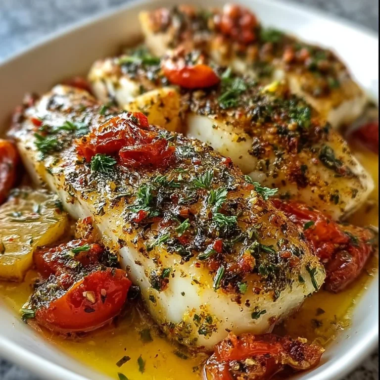Delicious Mediterranean baked fish garnished with herbs and lemon