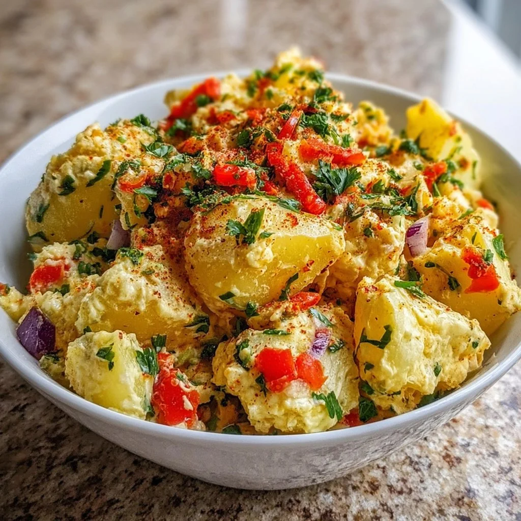 Bowl of Turkish Potato Salad with fresh herbs and vegetables
