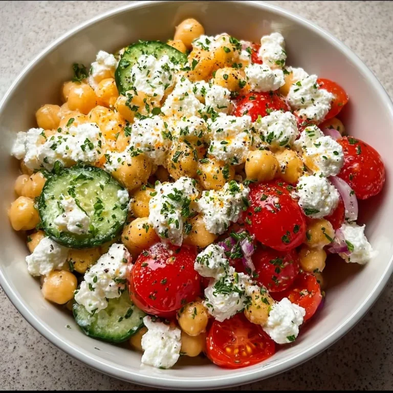 15-Minute cottage cheese chickpea salad in a bowl with fresh vegetables