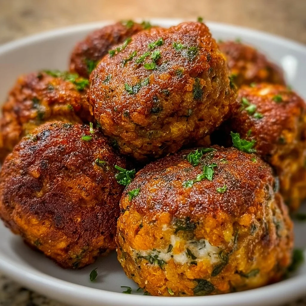 Baked Greek Lentil Meatballs served with fresh herbs and dipping sauce
