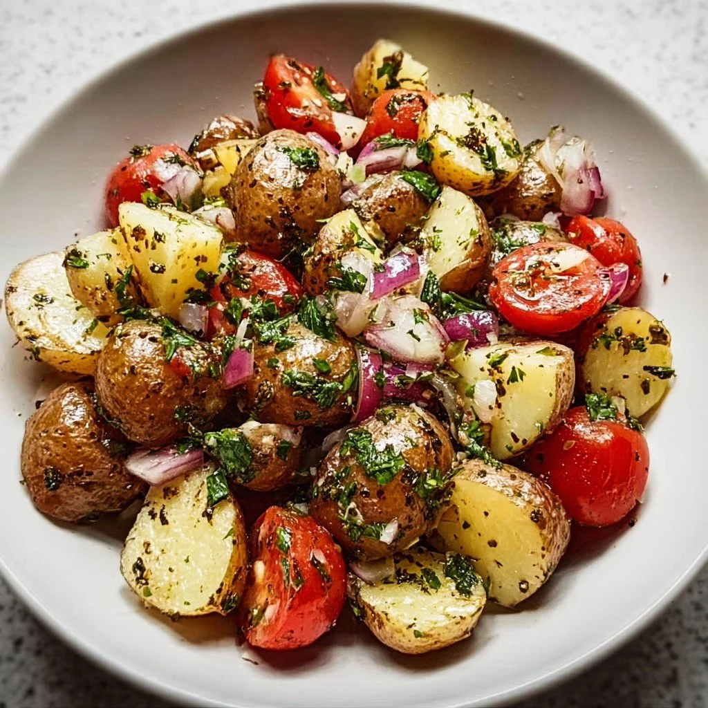 Balsamic Potato Salad with fresh herbs and dressing in a bowl