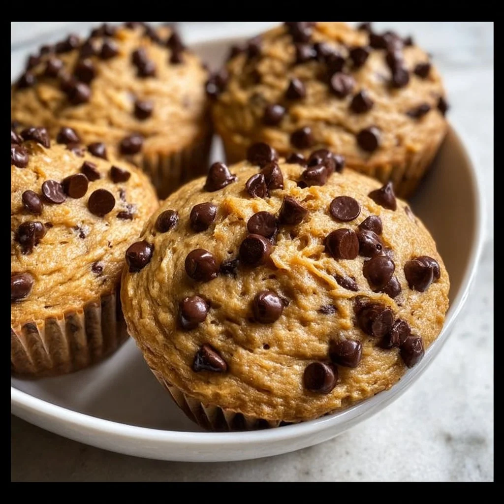 Delicious banana chocolate chip protein muffins fresh out of the oven