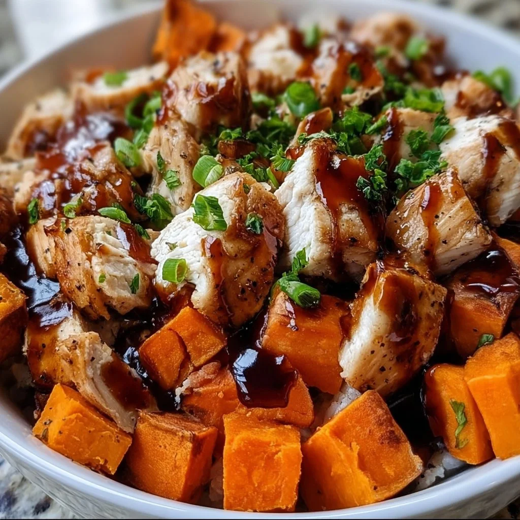 BBQ Chicken Sweet Potato Bowl topped with fresh herbs and veggies
