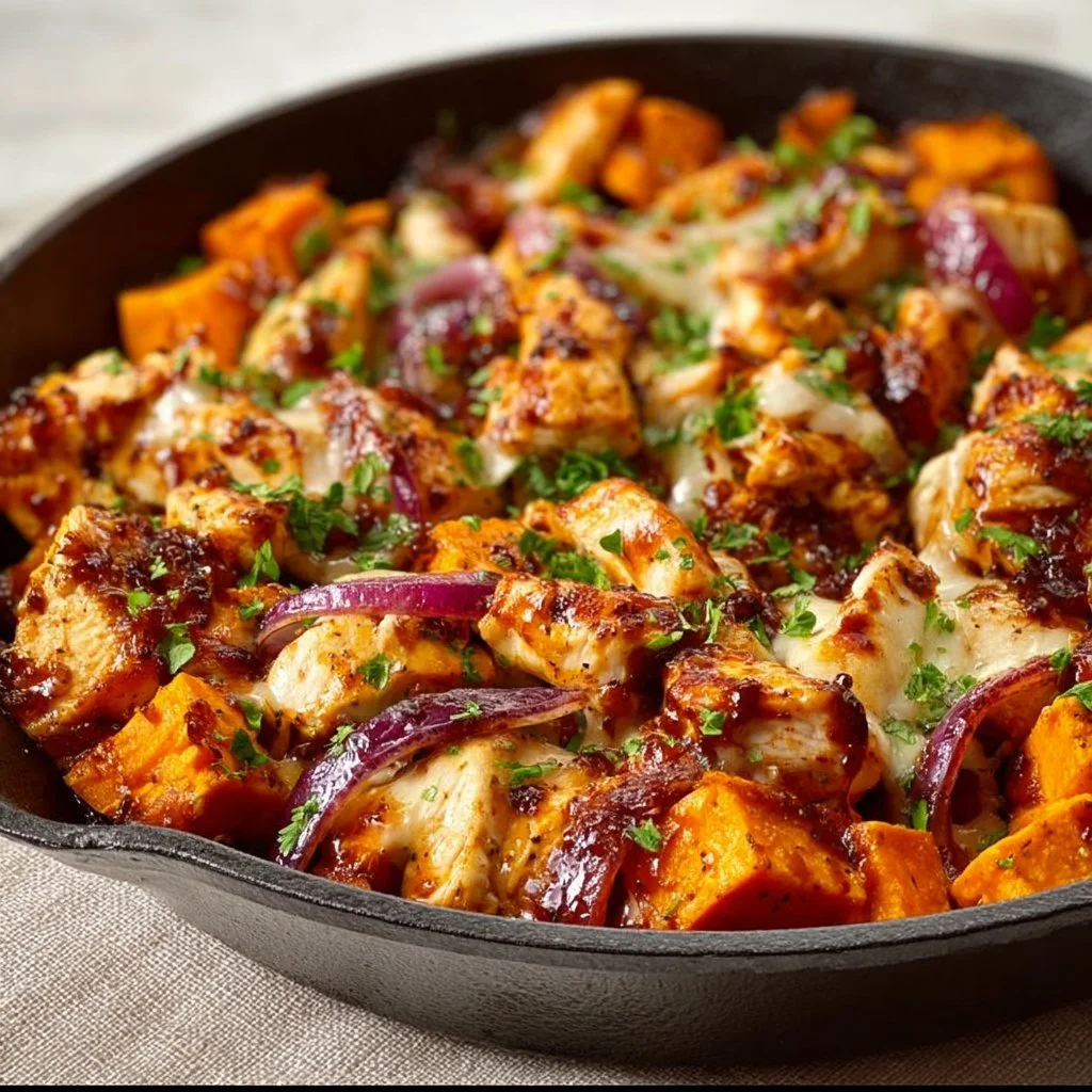 BBQ chicken sweet potato skillet in a cast iron pan