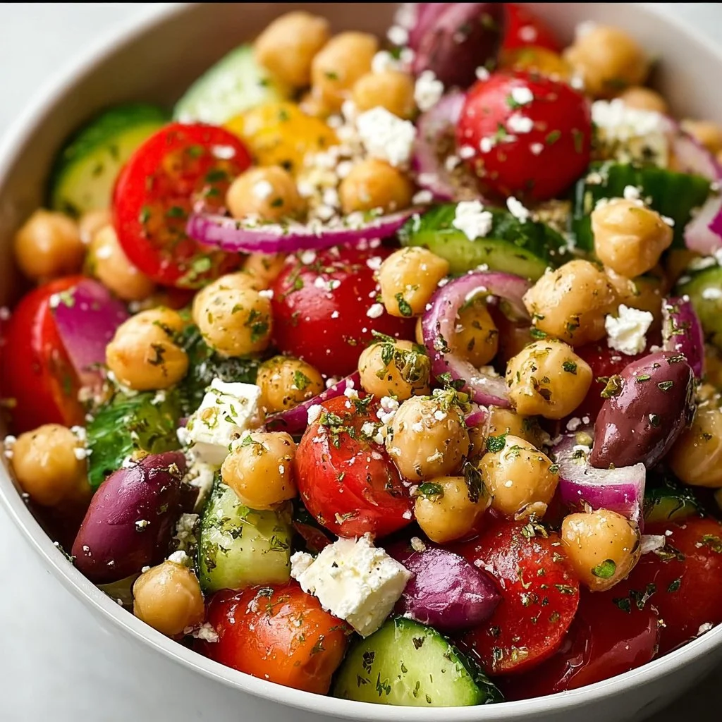 Fresh Mediterranean Chickpea Feta Salad with vegetables and dressing