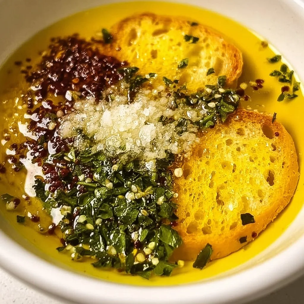 Delicious homemade bread dipping oil served in a bowl with herbs and spices