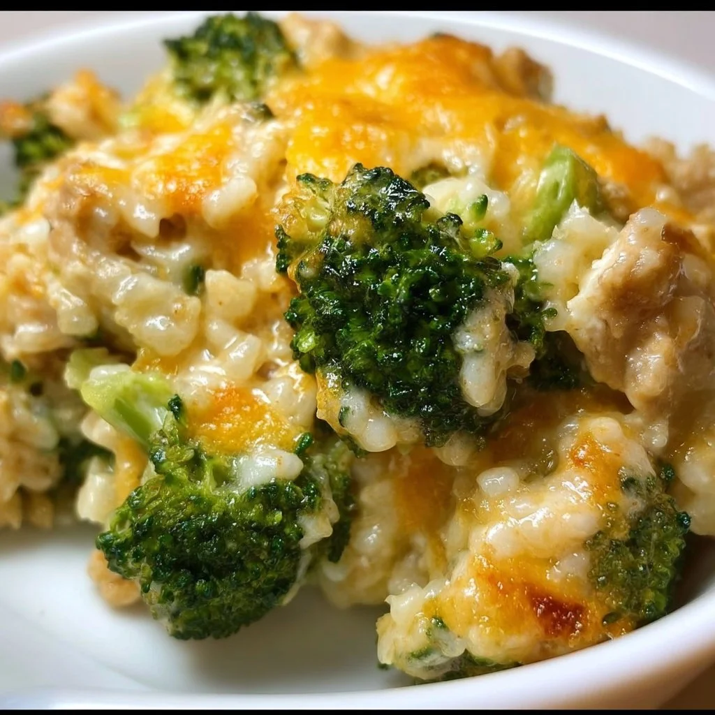 A delicious cheesy protein broccoli casserole in a baking dish, garnished and ready to serve.