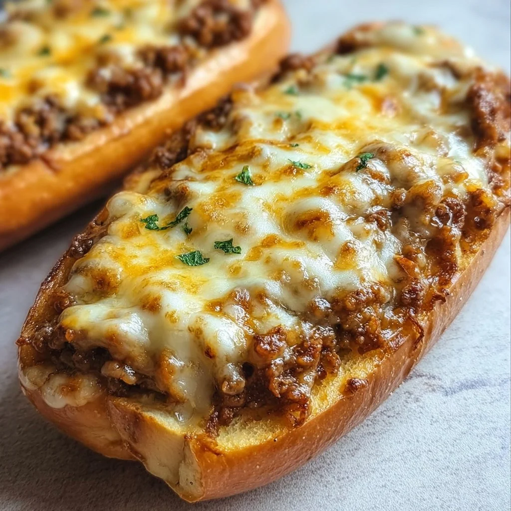 Cheesy Sloppy Joe garlic bread, a delicious twist on a classic comfort food dish