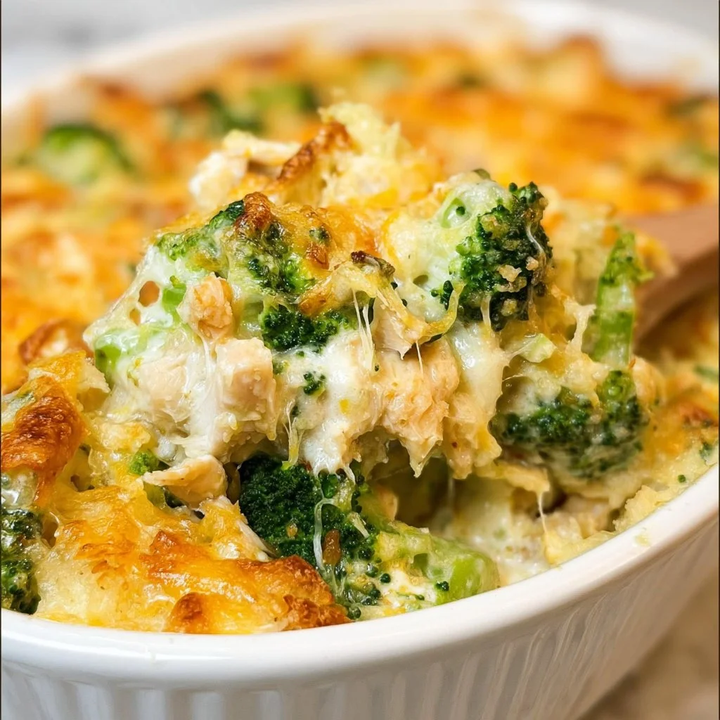 Creamy Chicken Divan with broccoli and cheese in a casserole dish