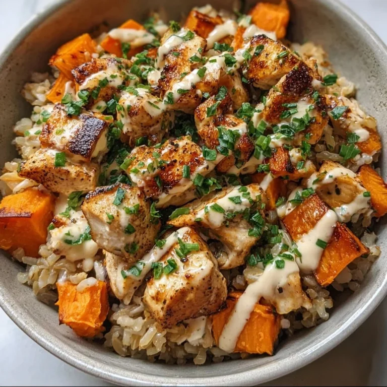 Delicious chicken and sweet potato rice bowl with fresh vegetables
