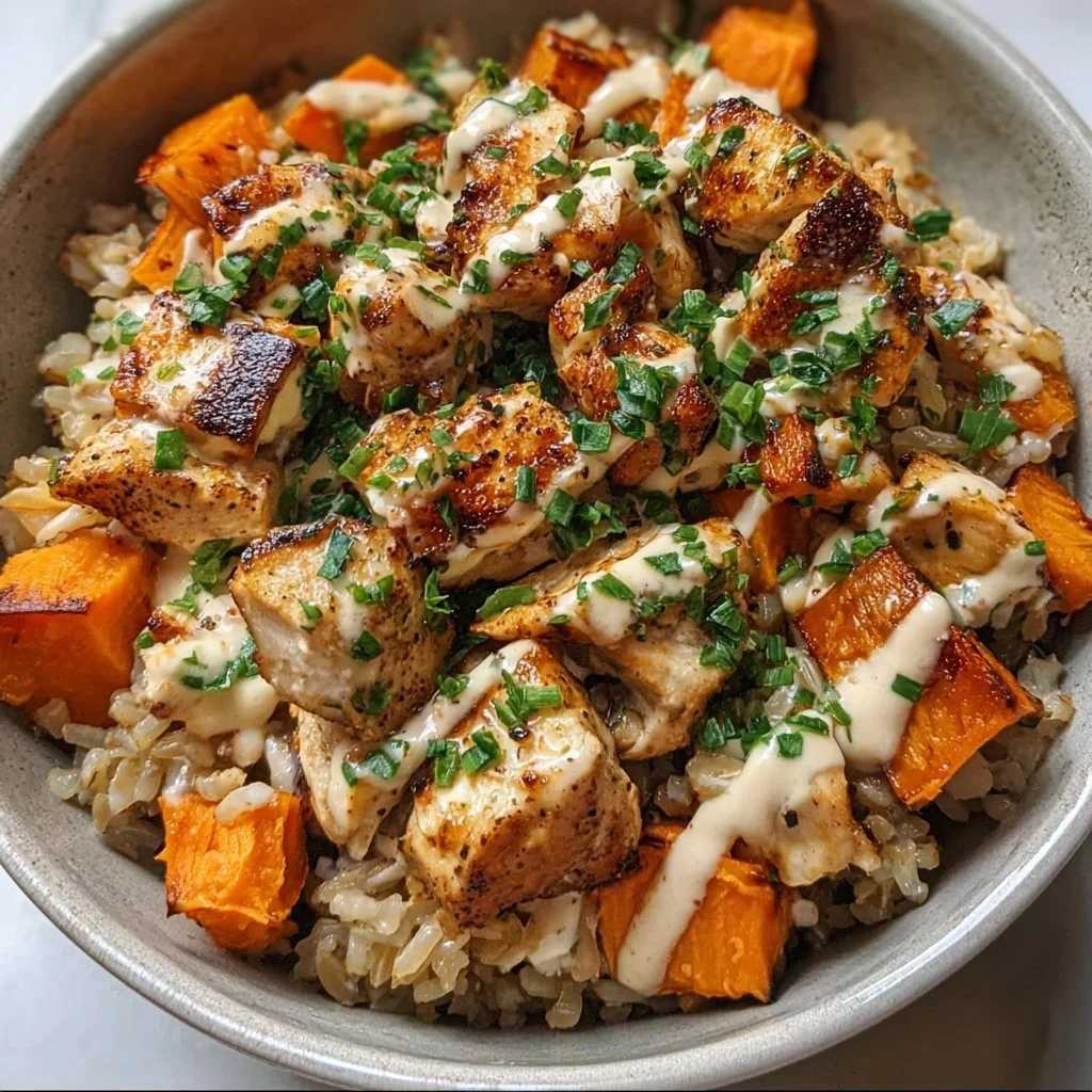 Delicious chicken and sweet potato rice bowl with fresh vegetables
