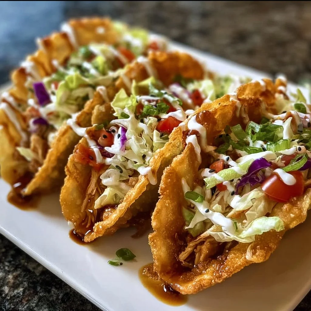 Delicious chicken wonton tacos served with fresh toppings on a plate