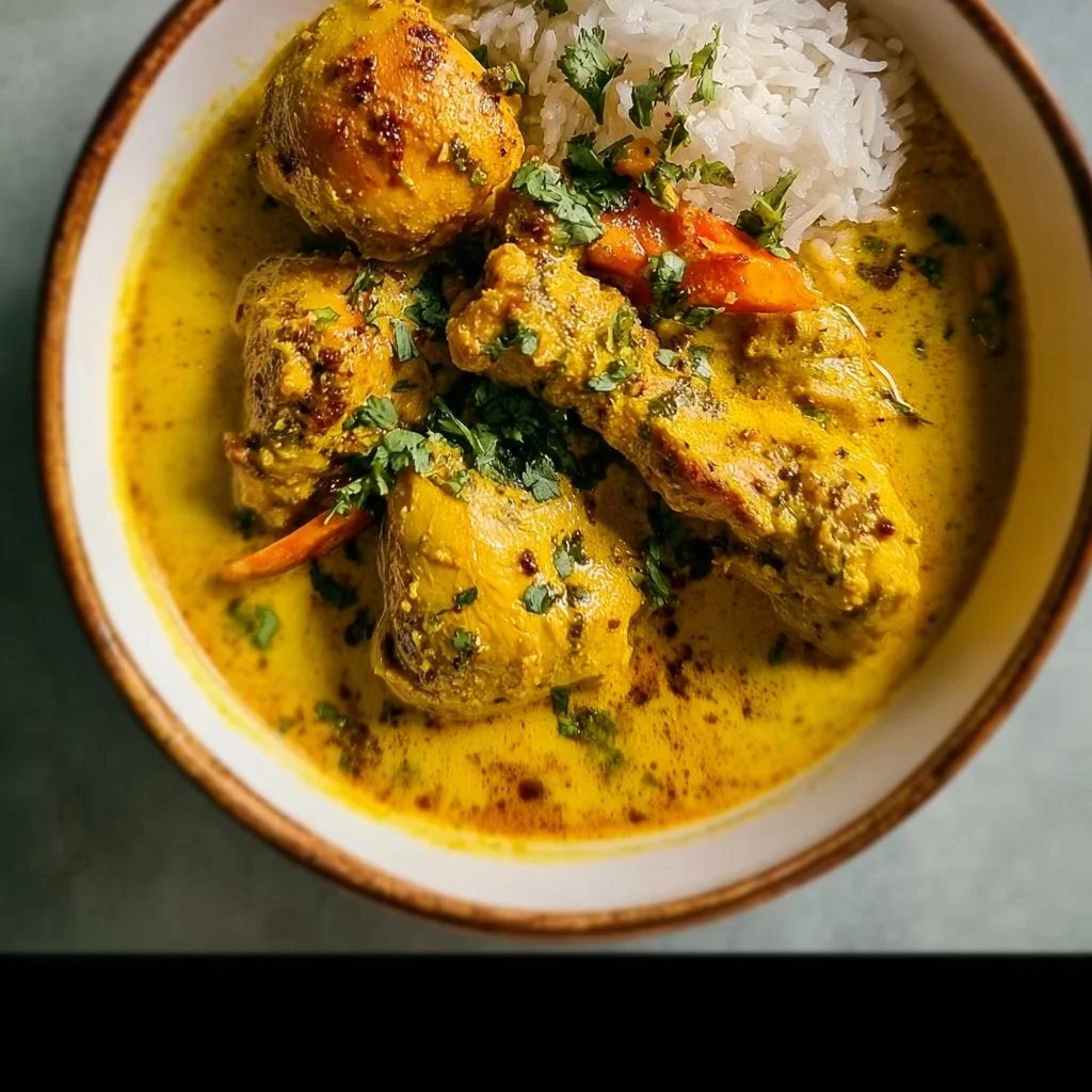 Plate of Churu Yellow Chicken showcasing vibrant colors and spices