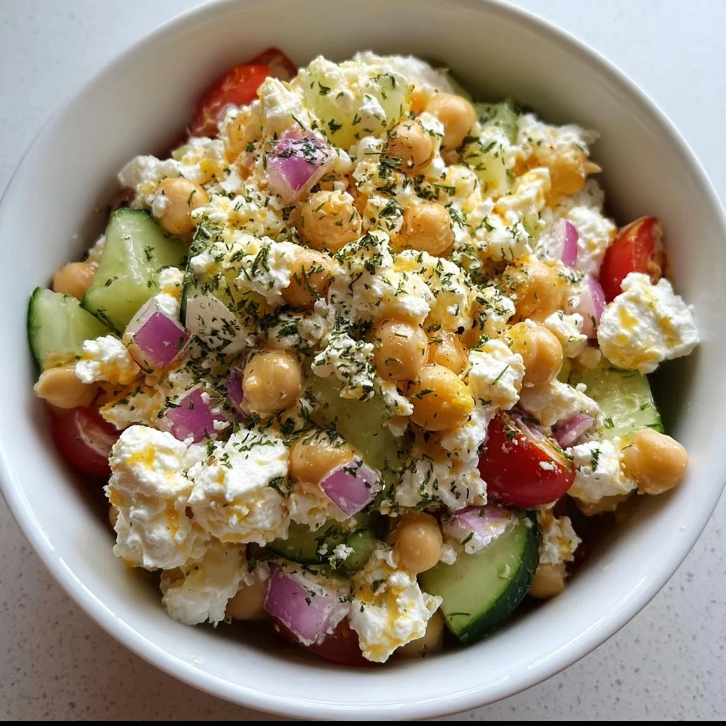 Delicious cottage cheese chickpea salad bowl with fresh ingredients