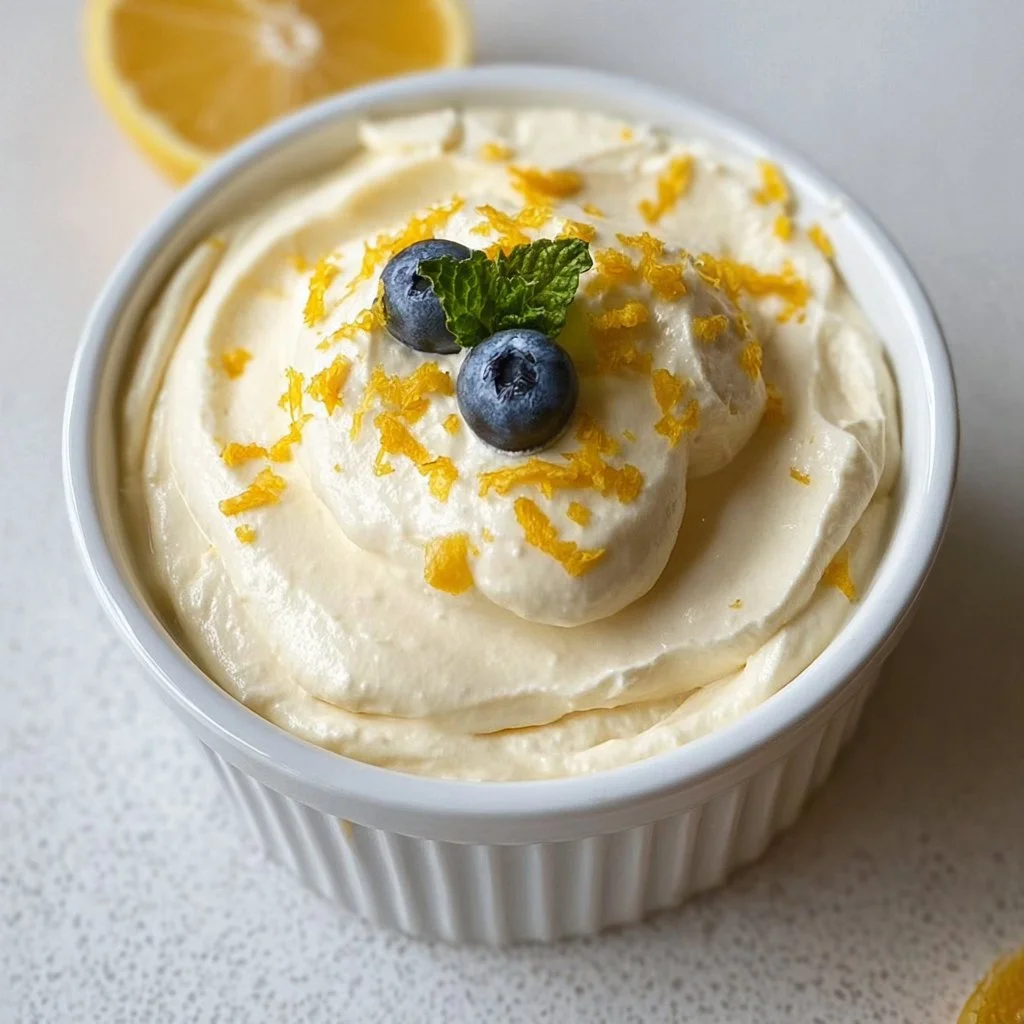 Delicious and creamy Cottage Cheese Lemon Mousse served in a glass