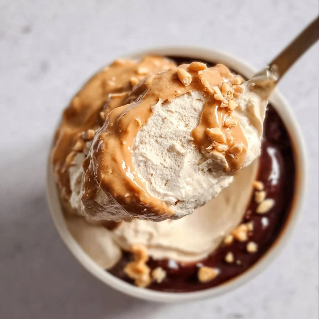 Delicious cottage cheese peanut butter mousse topped with chocolate drizzle