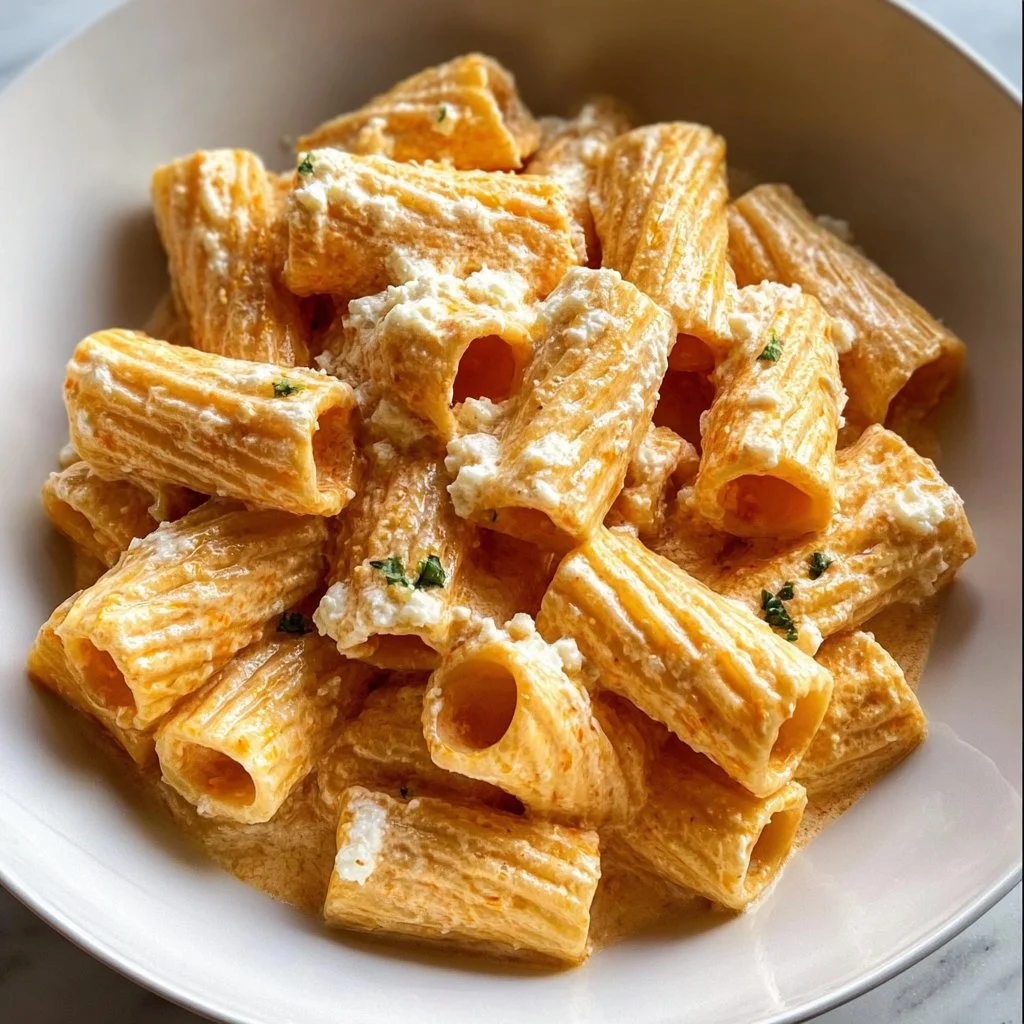 Creamy high-protein Cottage Cheese Rigatoni pasta dish served in a bowl