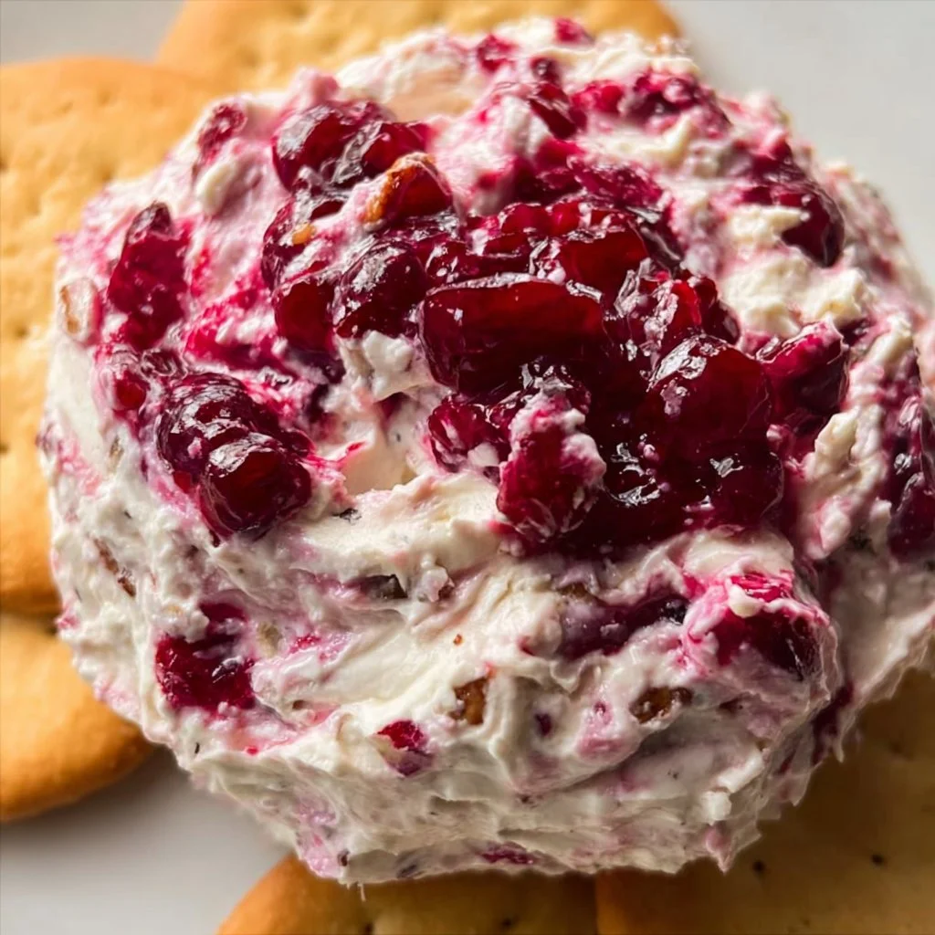 Deliciously creamy cranberry cream cheese dip served in a festive bowl.