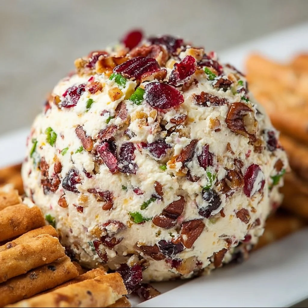 Cranberry Pecan Cheeseball served on a wooden platter with crackers