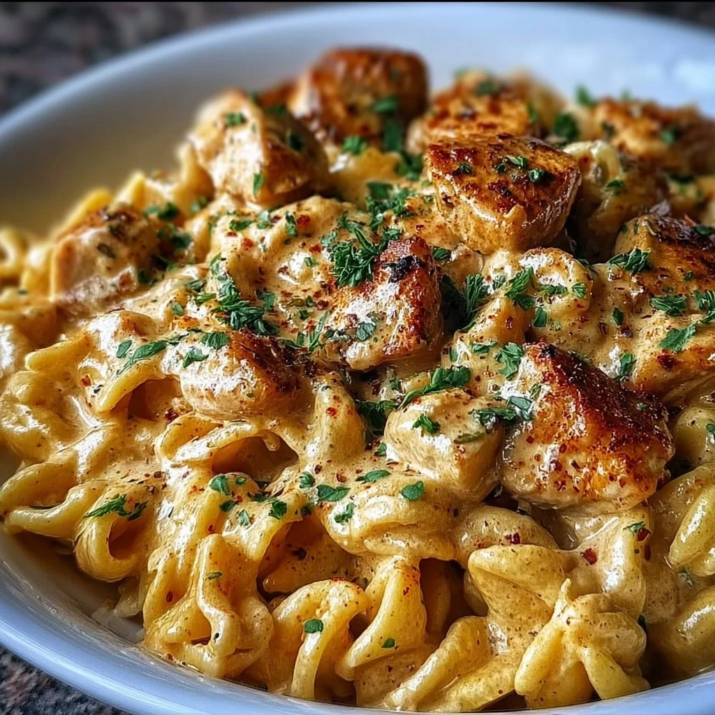 Creamy cowboy butter chicken pasta served in a cozy setting