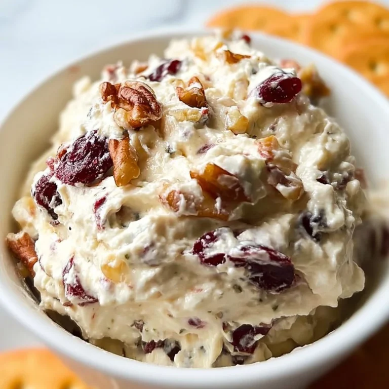 Creamy cranberry walnut dip served in a bowl with crackers on the side.
