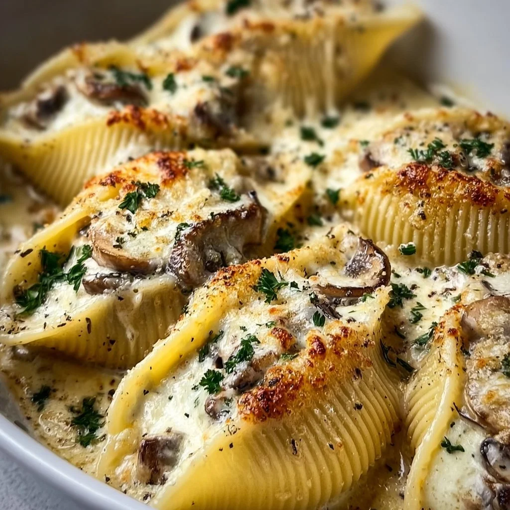 Creamy garlic mushroom stuffed shells served on a plate