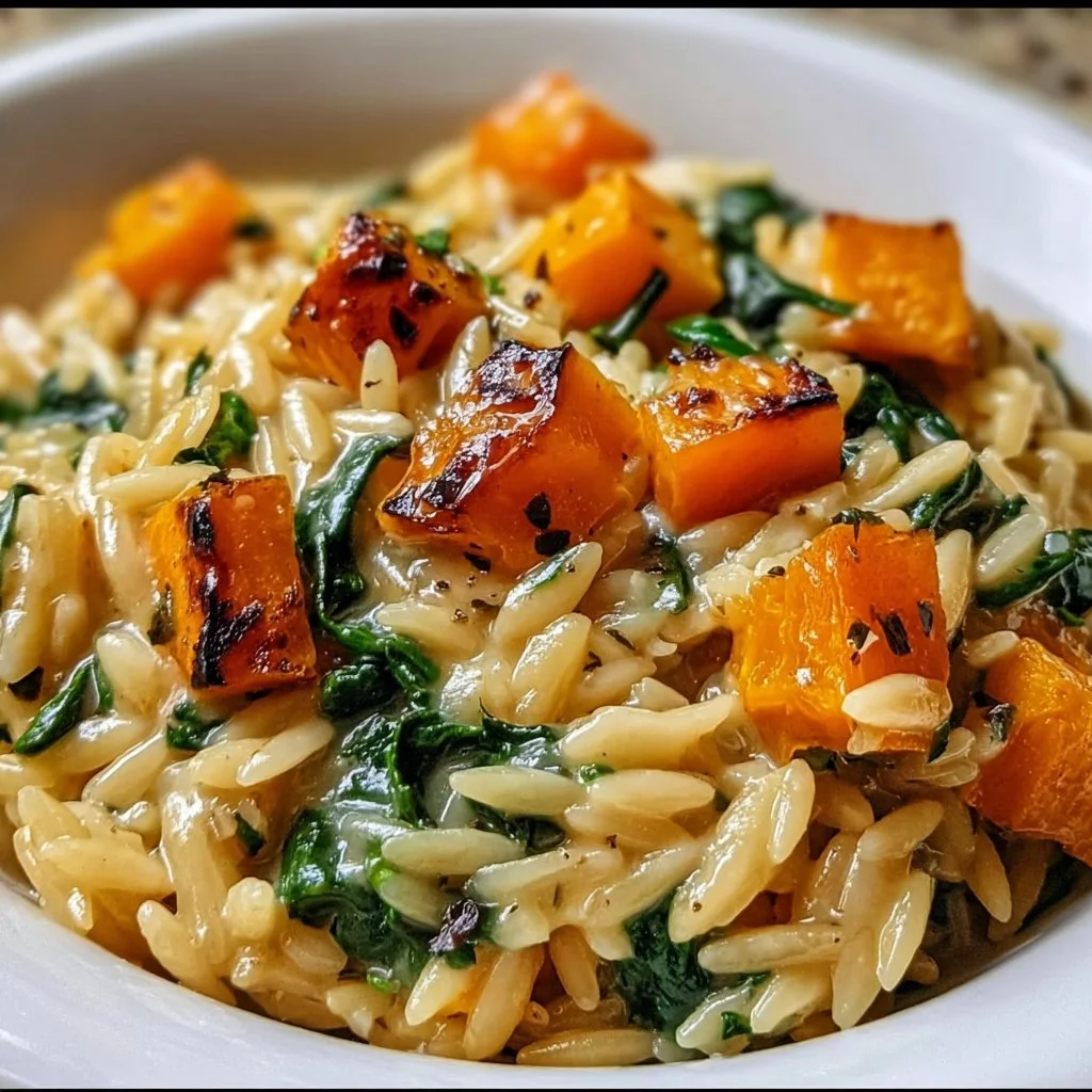 Creamy orzo dish featuring roasted butternut squash and fresh spinach