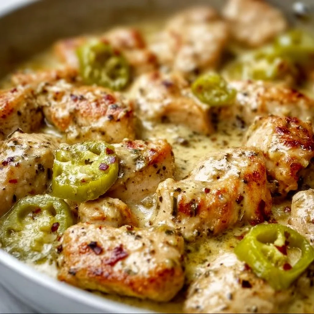 Creamy Pepperoncini Chicken Skillet served in a pan