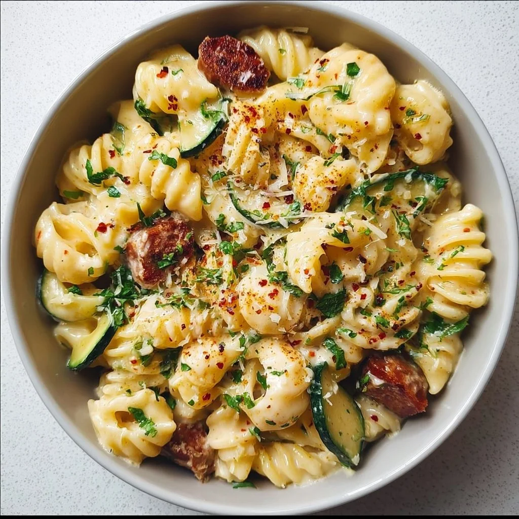 Creamy protein-packed pasta bowl topped with fresh ingredients