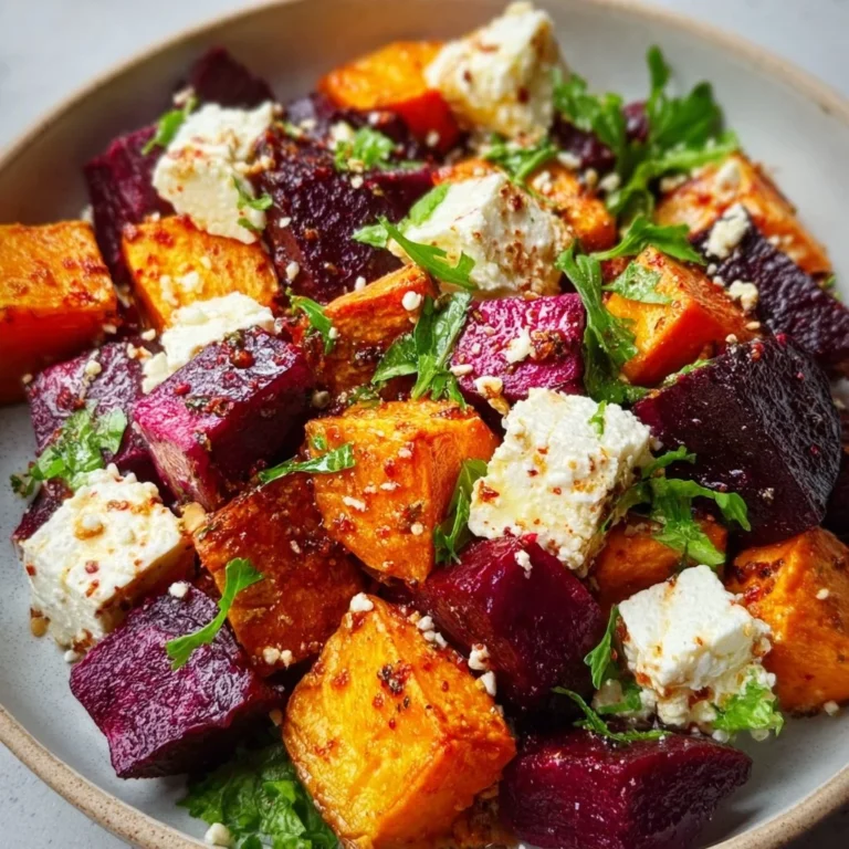 Creamy roasted beet salad with sweet potato and feta on a plate