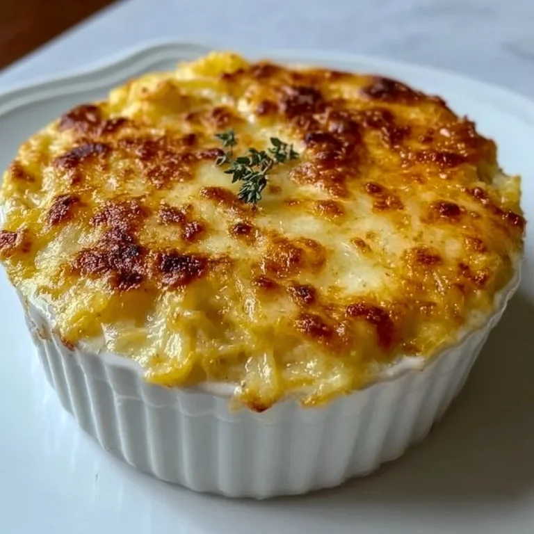 Creamy spaghetti squash au gratin topped with cheese in a baking dish