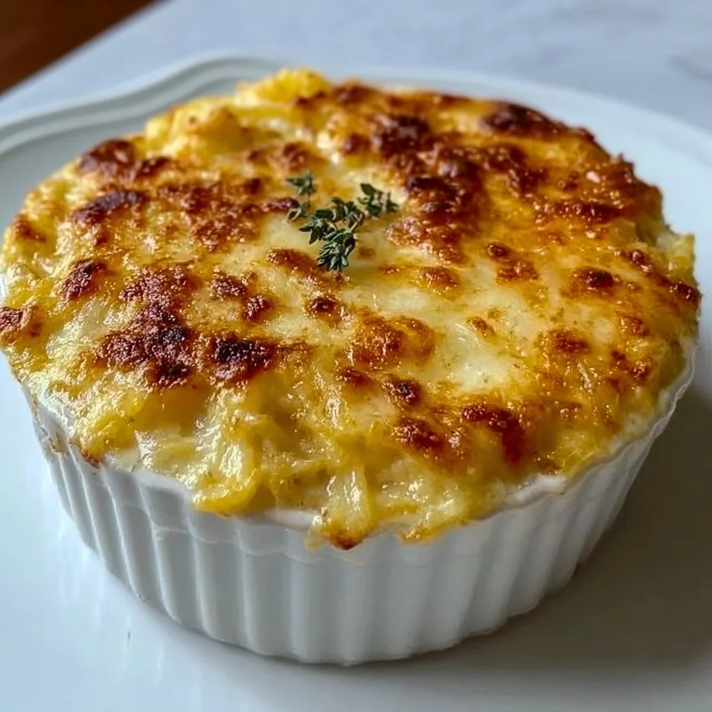 Creamy spaghetti squash au gratin topped with cheese in a baking dish