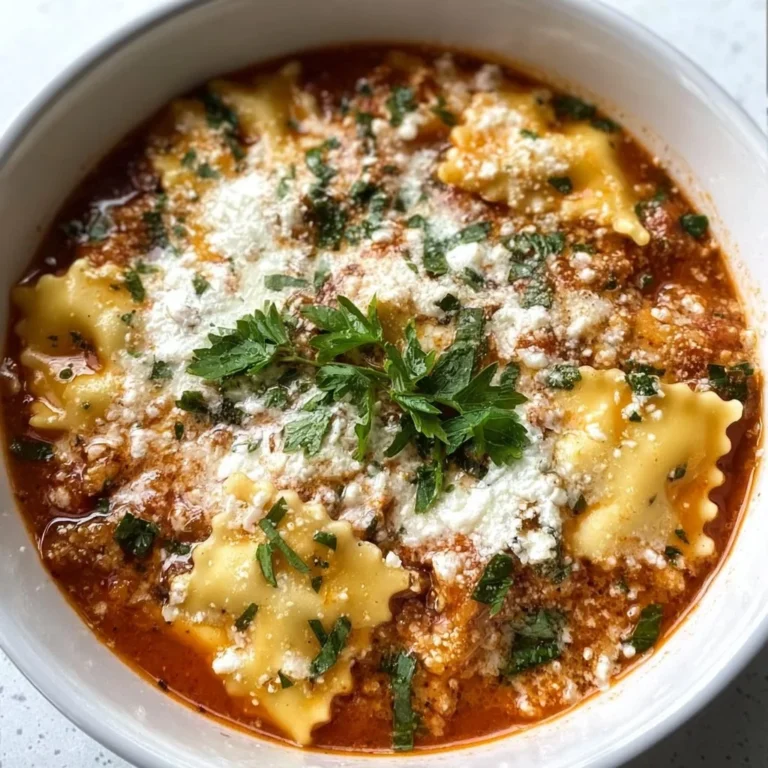 Crockpot Lasagna Soup in a bowl topped with cheese and fresh herbs