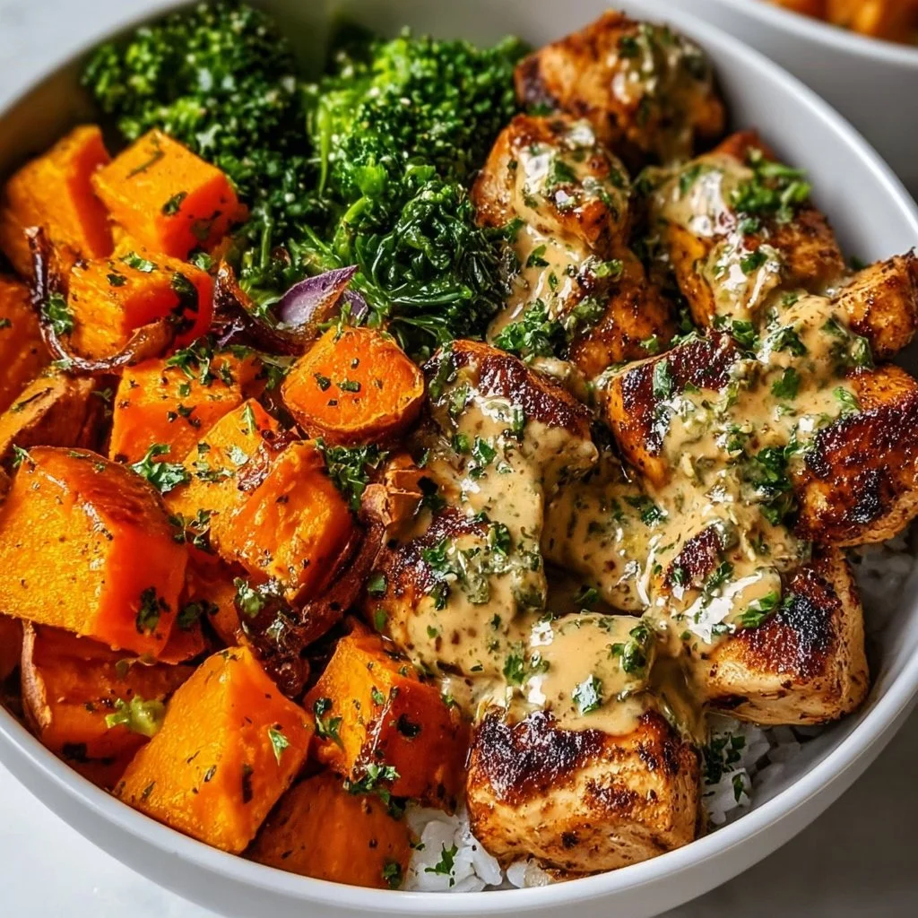 A colorful bowl of chicken and sweet potatoes, ideal for meal prep.