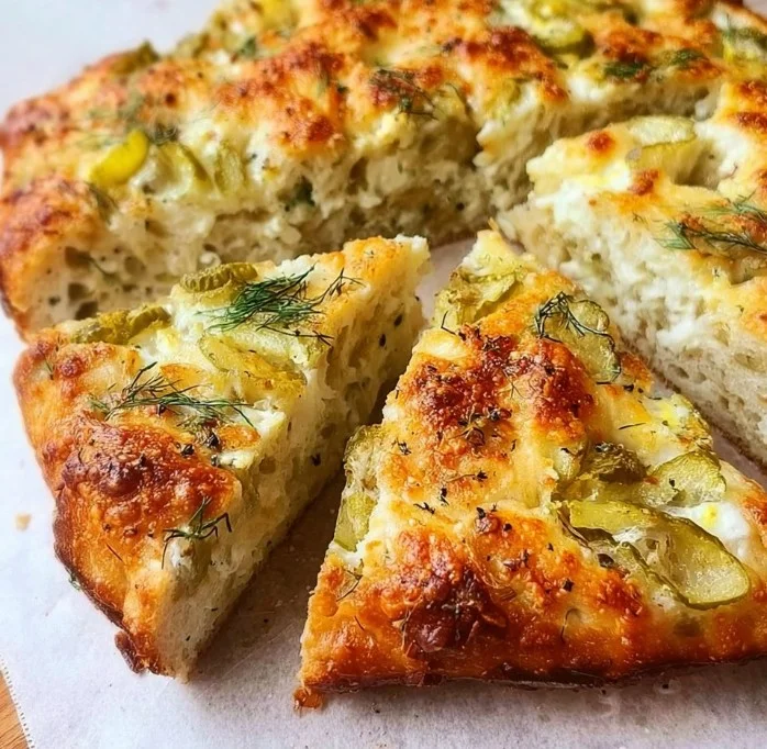 Dill Pickle Focaccia Bread with fresh dill and pickles, served warm