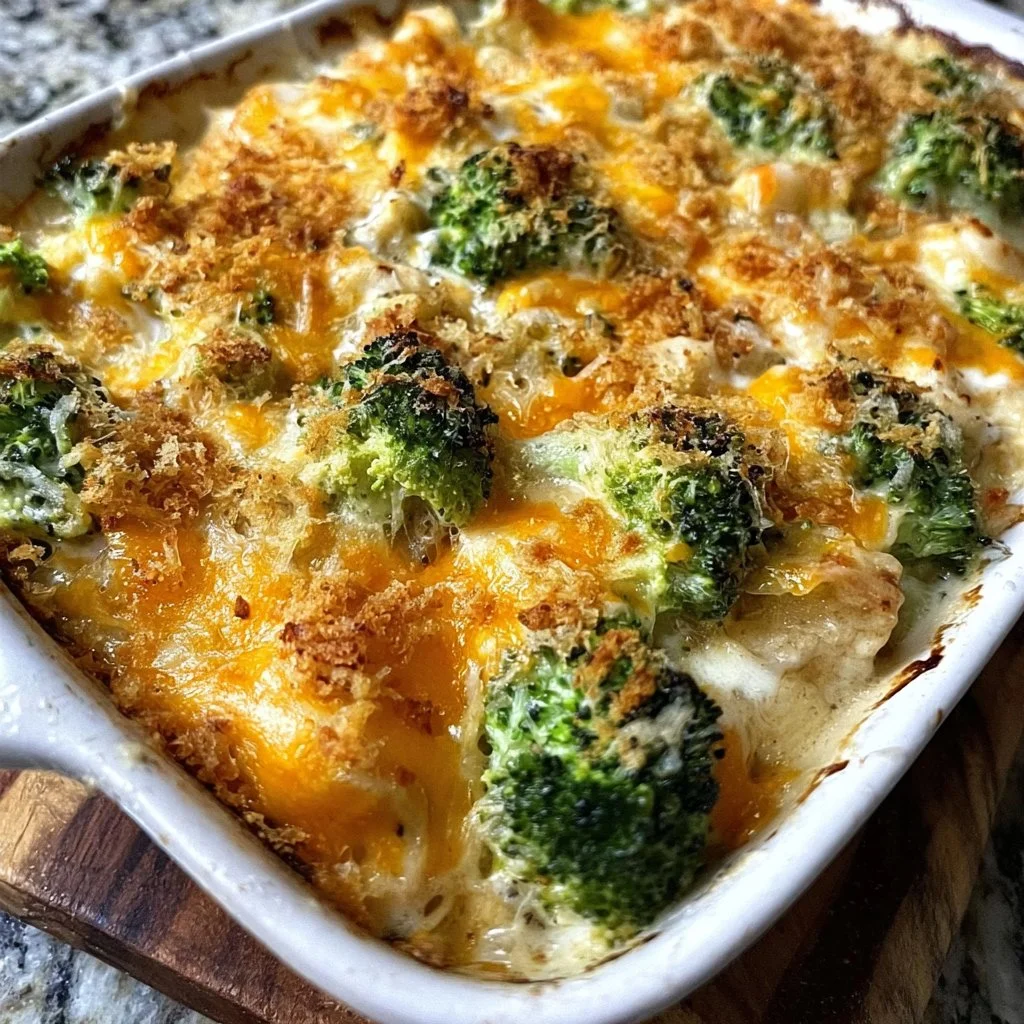 Delicious Easy Chicken Divan served on a plate with broccoli and cheese sauce