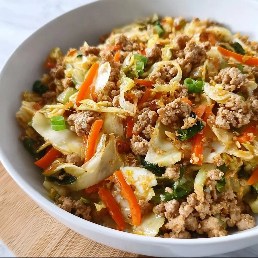 Healthy low-carb Egg Roll in a Bowl recipe served in a colorful dish