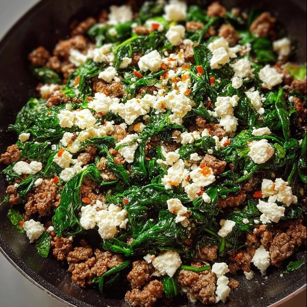 Ground beef skillet with spinach and feta in a pan