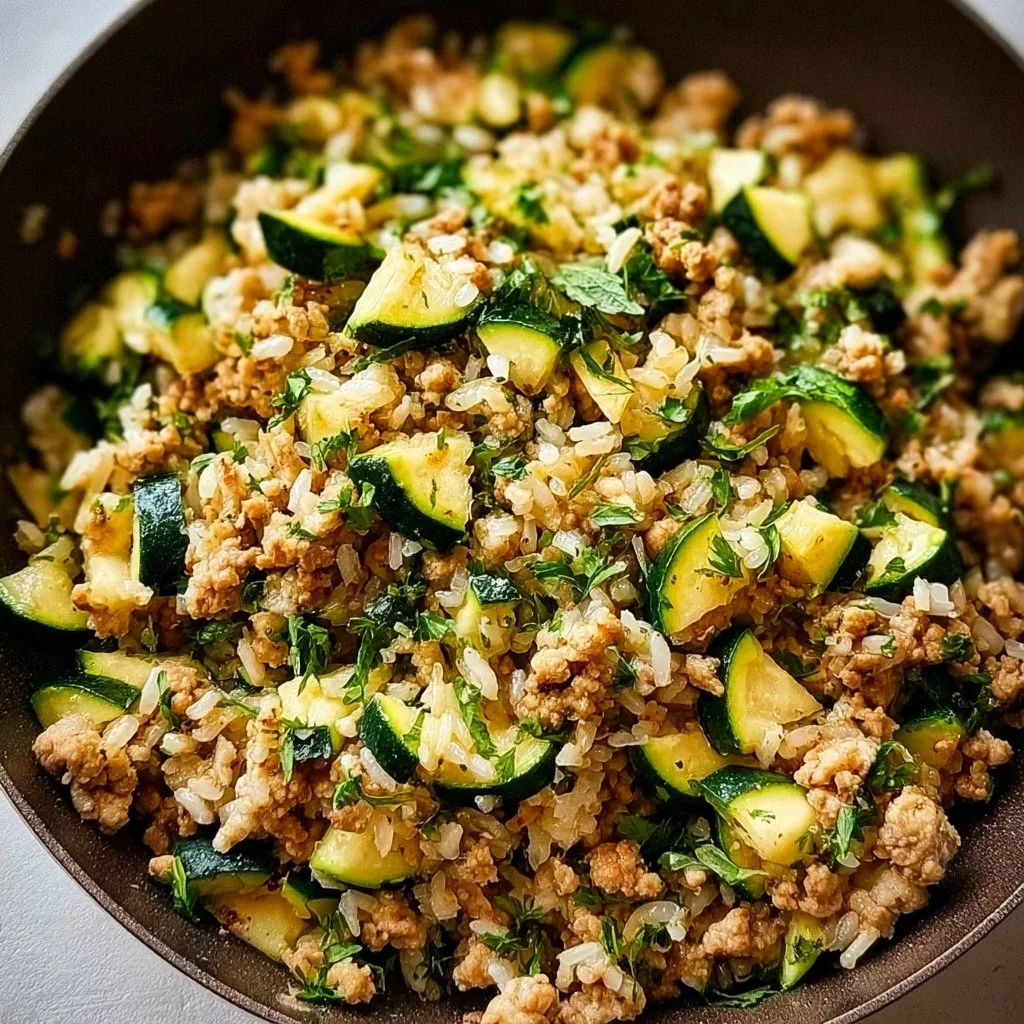 Ground chicken zucchini rice skillet with colorful veggies in a pan
