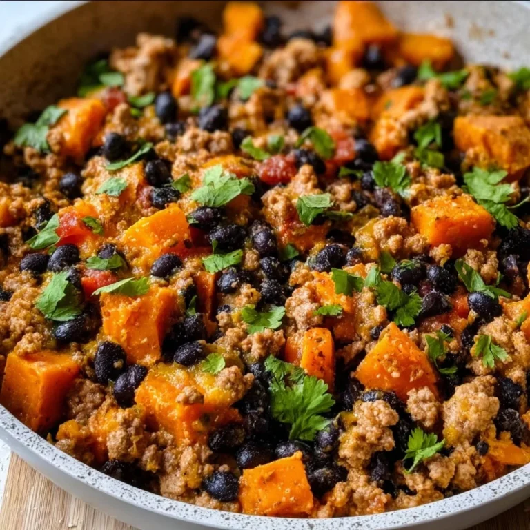 Ground turkey skillet dish with black beans and sweet potatoes served in a skillet