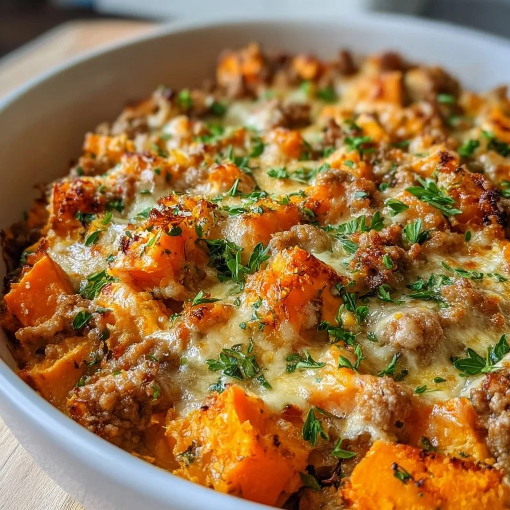 Healthy Ground Turkey Sweet Potato Bake with vegetables and spices