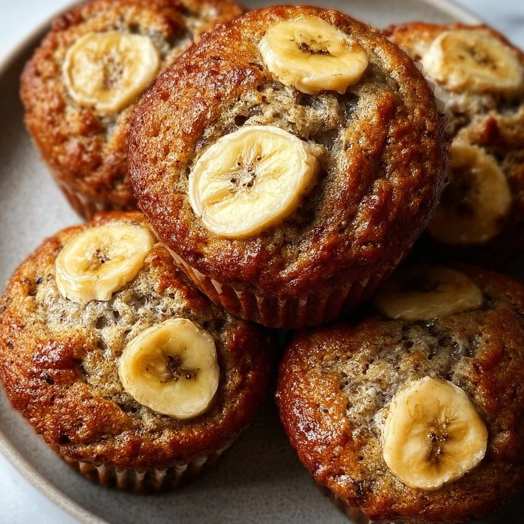 Healthy Greek yogurt banana muffins on a wooden table
