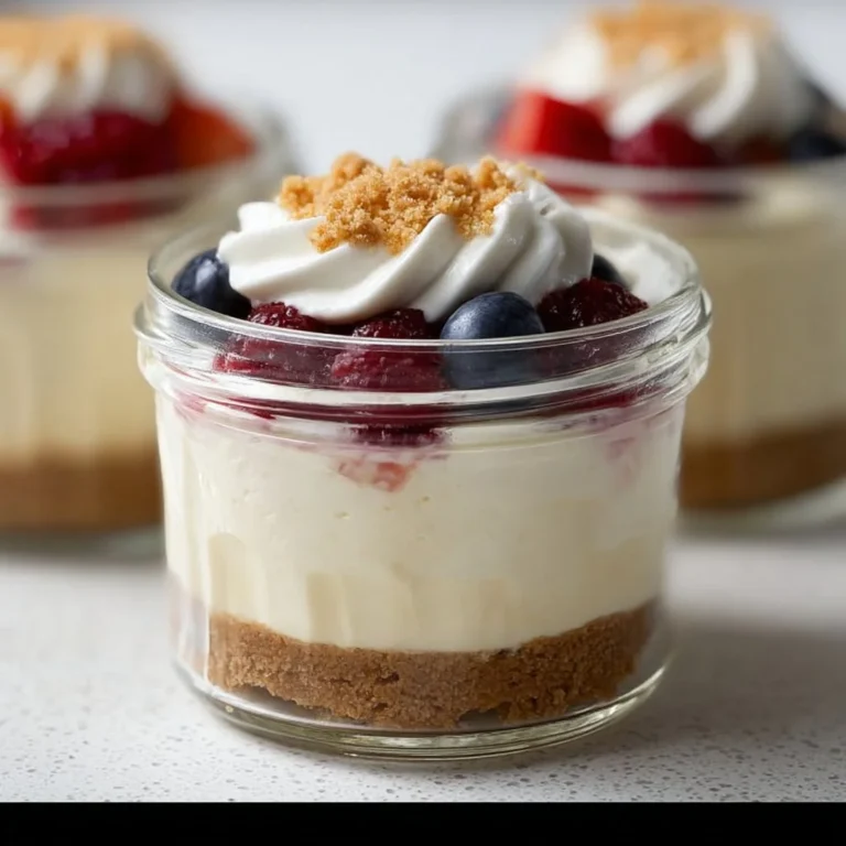 Healthy protein cheesecake jars topped with berries and drizzled with honey